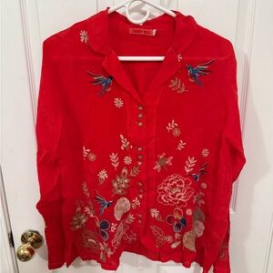 Johnny Was Vibrant Red Embroidered Blouse